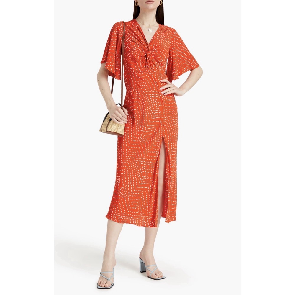 Diane von Furstenberg Midi Dress Womens 2 Orange Excellent Twist Front Dot Slit
